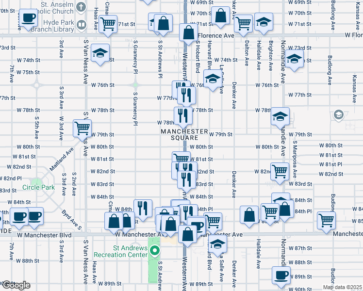 map of restaurants, bars, coffee shops, grocery stores, and more near in Los Angeles