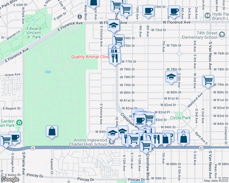 map of restaurants, bars, coffee shops, grocery stores, and more near 3334 West 80th Street in Inglewood