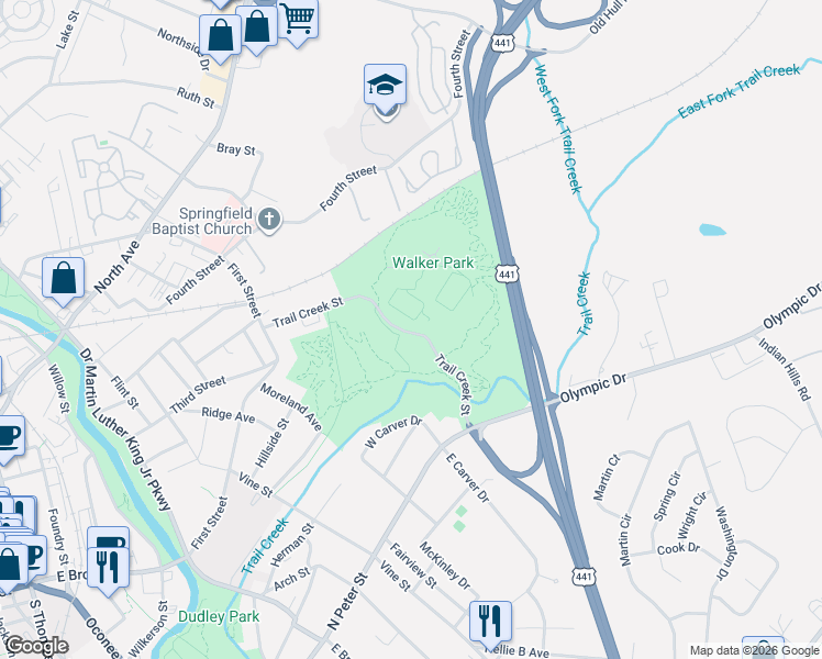 map of restaurants, bars, coffee shops, grocery stores, and more near 200 Trail Creek St in Athens