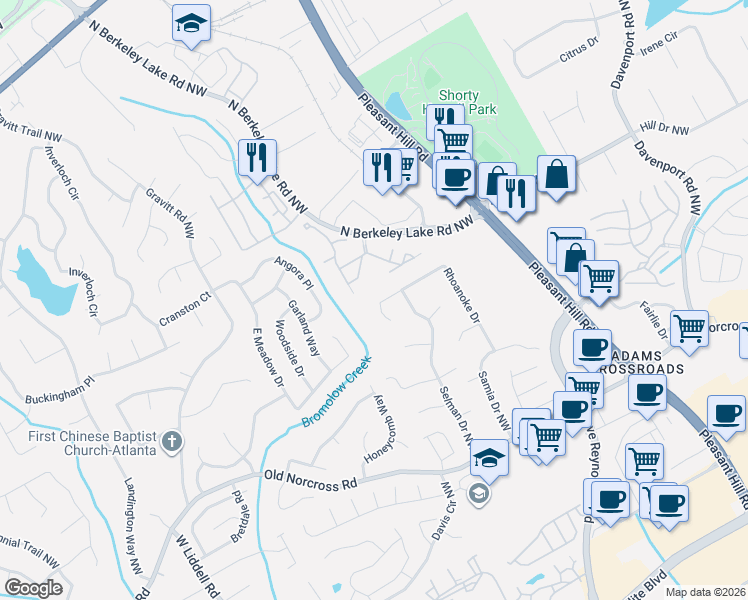 map of restaurants, bars, coffee shops, grocery stores, and more near 2715 Rhoanoke Drive in Duluth