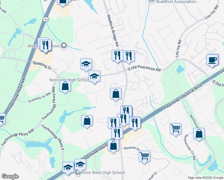 map of restaurants, bars, coffee shops, grocery stores, and more near 3137 Rock Port Circle in Norcross