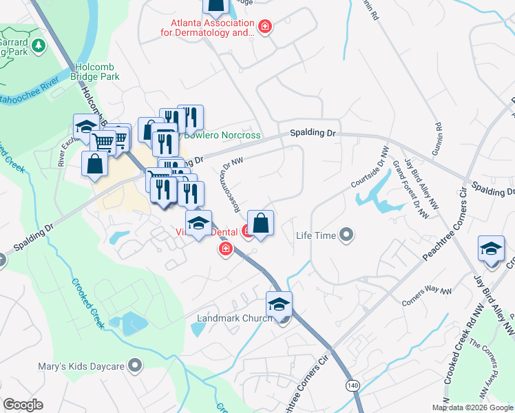 map of restaurants, bars, coffee shops, grocery stores, and more near 6376 Rosecommon Drive Northwest in Norcross