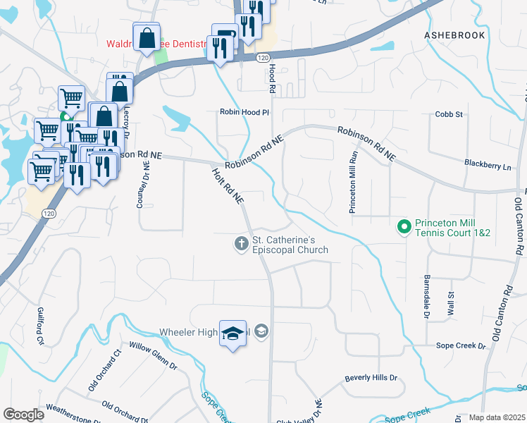 map of restaurants, bars, coffee shops, grocery stores, and more near 2552 Hunton Court in Marietta