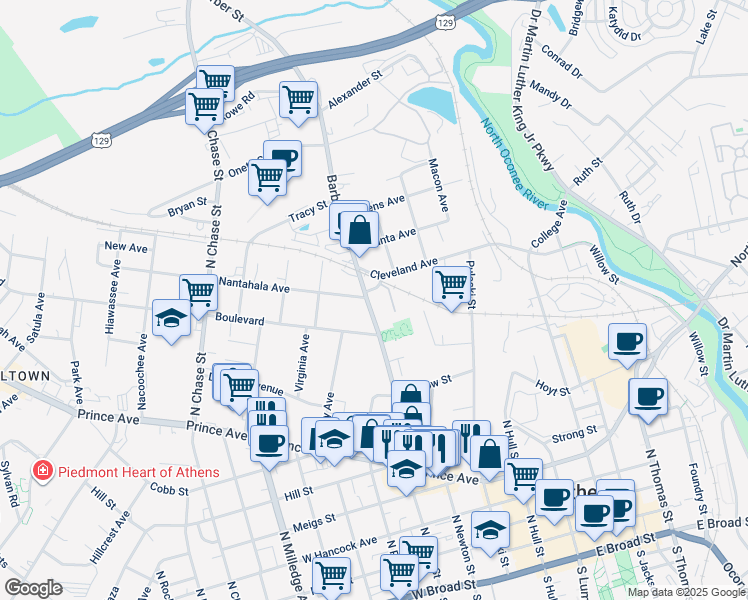 map of restaurants, bars, coffee shops, grocery stores, and more near 366 Barber Street in Athens