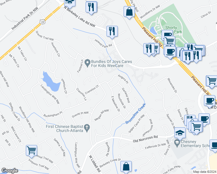 map of restaurants, bars, coffee shops, grocery stores, and more near 4340 East Meadow Drive in Duluth