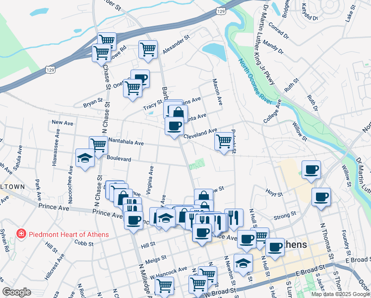 map of restaurants, bars, coffee shops, grocery stores, and more near 366 Barber Street in Athens