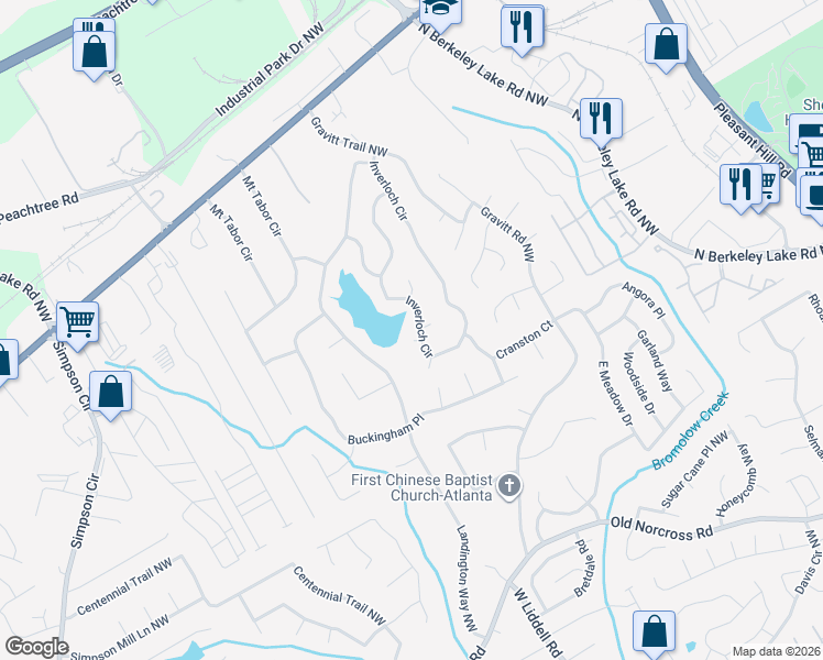 map of restaurants, bars, coffee shops, grocery stores, and more near 2732 Inverloch Circle in Duluth