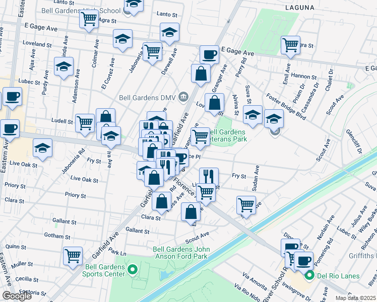 map of restaurants, bars, coffee shops, grocery stores, and more near 7134 Granger Avenue in Bell Gardens