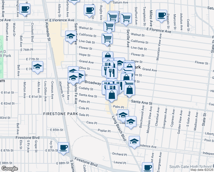 map of restaurants, bars, coffee shops, grocery stores, and more near 7921 Pacific Boulevard in Walnut Park