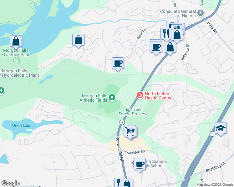 map of restaurants, bars, coffee shops, grocery stores, and more near Morgan Falls Place Northeast in Sandy Springs
