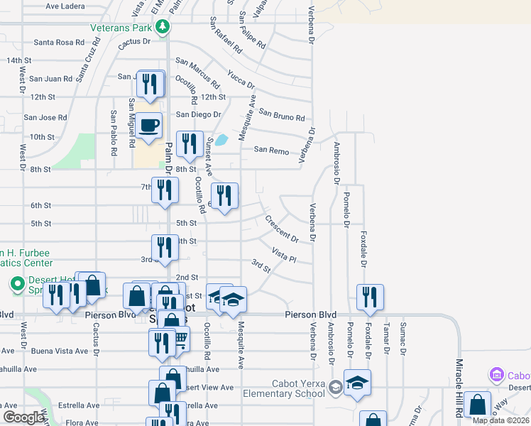 map of restaurants, bars, coffee shops, grocery stores, and more near 69525 5th Street in Desert Hot Springs