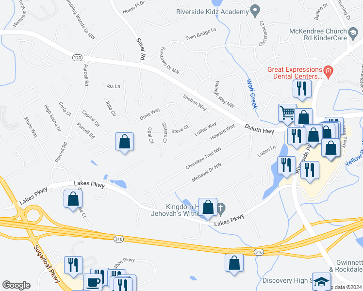 map of restaurants, bars, coffee shops, grocery stores, and more near 1394 Luther Way in Lawrenceville