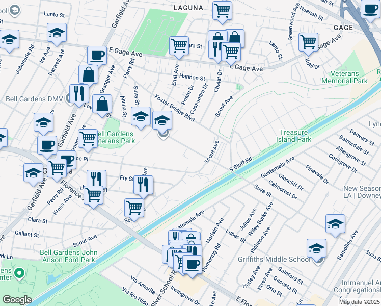 map of restaurants, bars, coffee shops, grocery stores, and more near 6850 Suva Street in Bell Gardens
