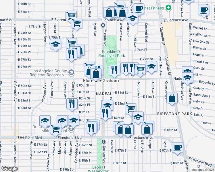 map of restaurants, bars, coffee shops, grocery stores, and more near 8018 Beach Street in Los Angeles