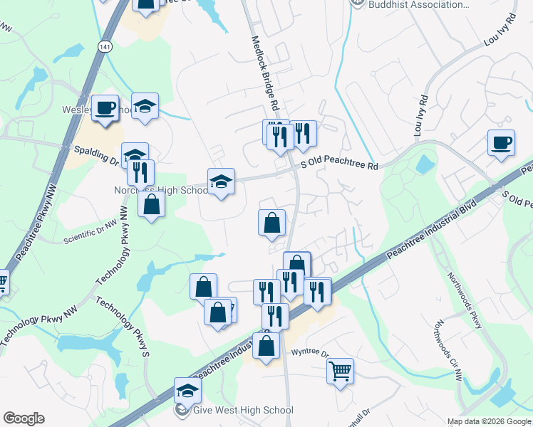 map of restaurants, bars, coffee shops, grocery stores, and more near 3133 Rock Port Circle in Norcross