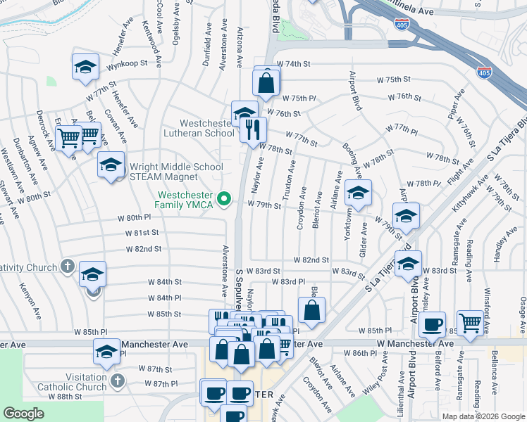map of restaurants, bars, coffee shops, grocery stores, and more near 7907 Vicksburg Avenue in Los Angeles