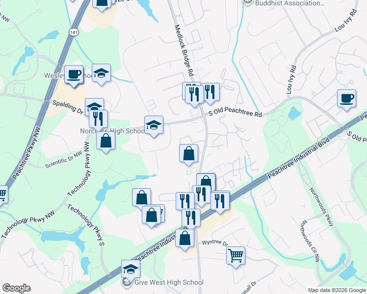 map of restaurants, bars, coffee shops, grocery stores, and more near 3135 Rock Port Circle in Norcross