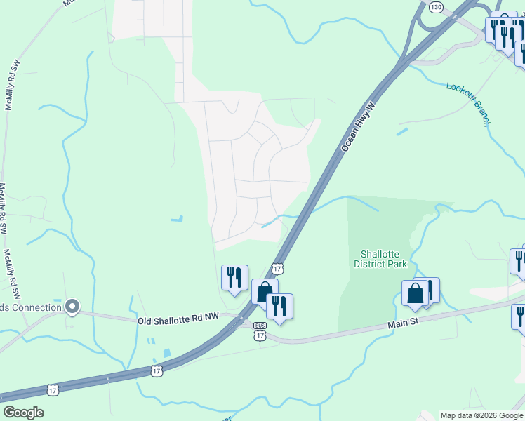 map of restaurants, bars, coffee shops, grocery stores, and more near 138 Wild Raven Street Northwest in Shallotte