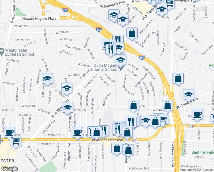 map of restaurants, bars, coffee shops, grocery stores, and more near 7901 Winsford Avenue in Los Angeles