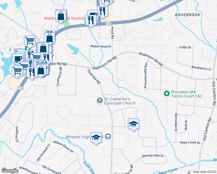 map of restaurants, bars, coffee shops, grocery stores, and more near 2552 Hunton Court in Marietta