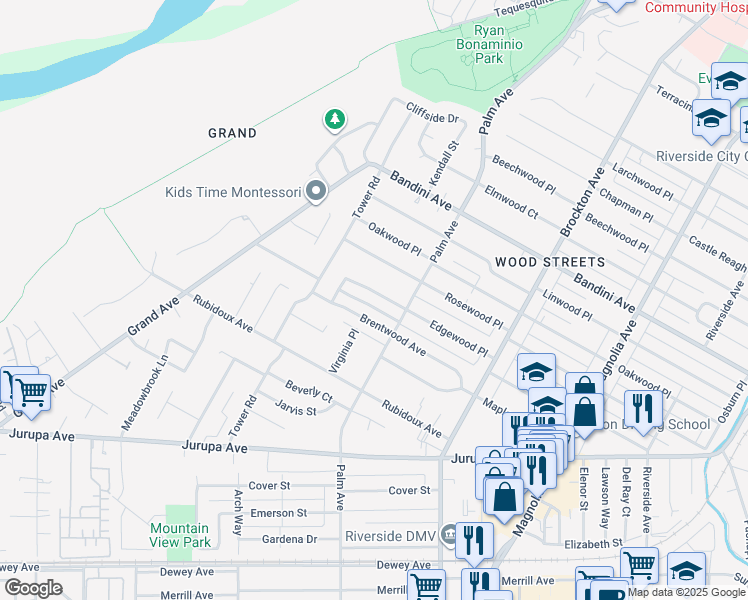 map of restaurants, bars, coffee shops, grocery stores, and more near 4533 Brentwood Avenue in Riverside