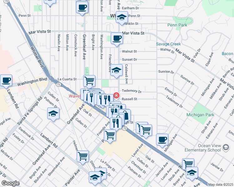 map of restaurants, bars, coffee shops, grocery stores, and more near 8101 Painter Avenue in Whittier