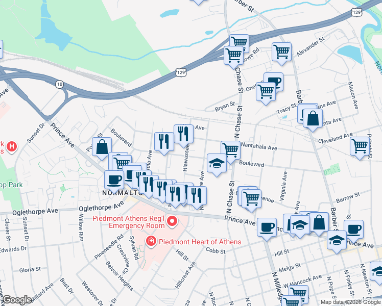 map of restaurants, bars, coffee shops, grocery stores, and more near 895 Boulevard in Athens