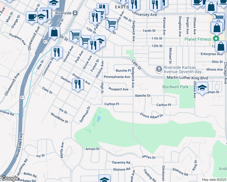 map of restaurants, bars, coffee shops, grocery stores, and more near 2524 Prospect Avenue in Riverside