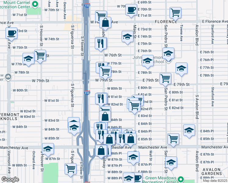 map of restaurants, bars, coffee shops, grocery stores, and more near 222 West 80th Street in Los Angeles