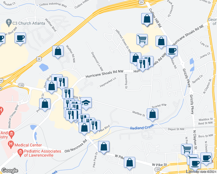map of restaurants, bars, coffee shops, grocery stores, and more near 534 Haygood Court in Lawrenceville