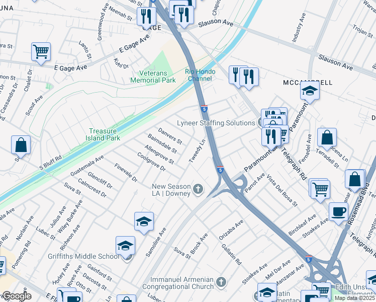map of restaurants, bars, coffee shops, grocery stores, and more near 8827 Tweedy Lane in Downey