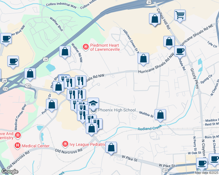 map of restaurants, bars, coffee shops, grocery stores, and more near 336 Haymarket Lane in Lawrenceville
