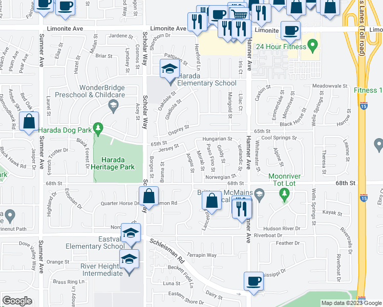 map of restaurants, bars, coffee shops, grocery stores, and more near 6668 Angus Street in Corona