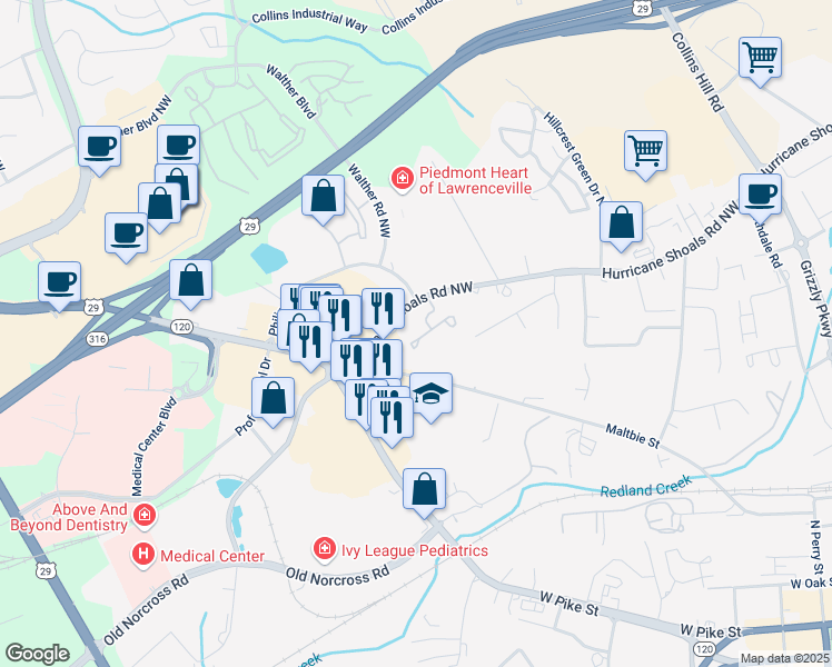 map of restaurants, bars, coffee shops, grocery stores, and more near 208 Bridge Way in Lawrenceville