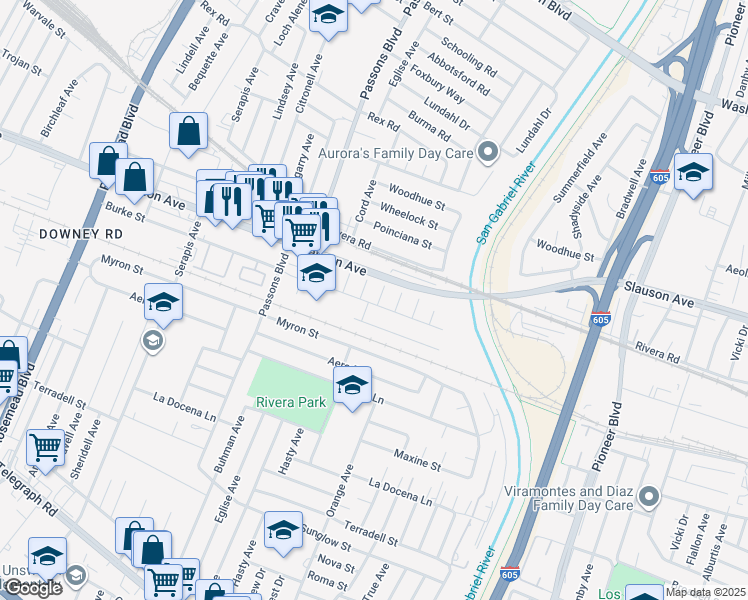 map of restaurants, bars, coffee shops, grocery stores, and more near 9613 Planter Street in Pico Rivera