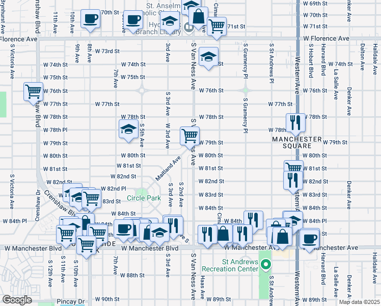 map of restaurants, bars, coffee shops, grocery stores, and more near 8010 South 2nd Avenue in Inglewood