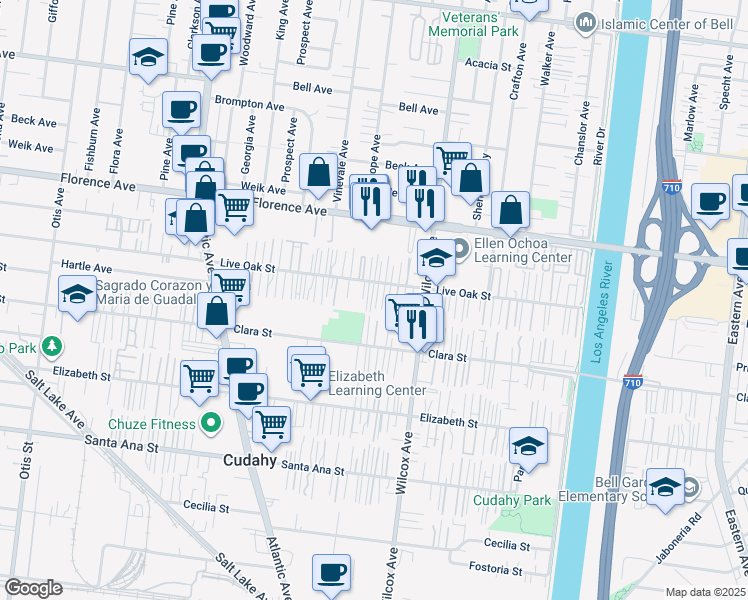 map of restaurants, bars, coffee shops, grocery stores, and more near 4858 Live Oak Street in Cudahy