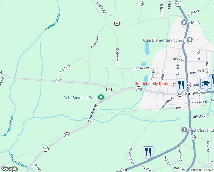 map of restaurants, bars, coffee shops, grocery stores, and more near 113 11th Avenue West in Guin