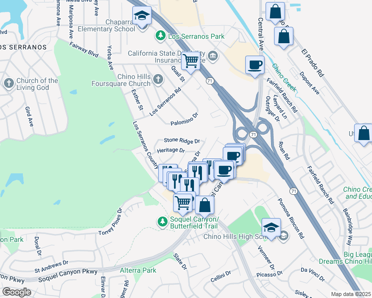 map of restaurants, bars, coffee shops, grocery stores, and more near 5004 Heritage Drive in Chino Hills