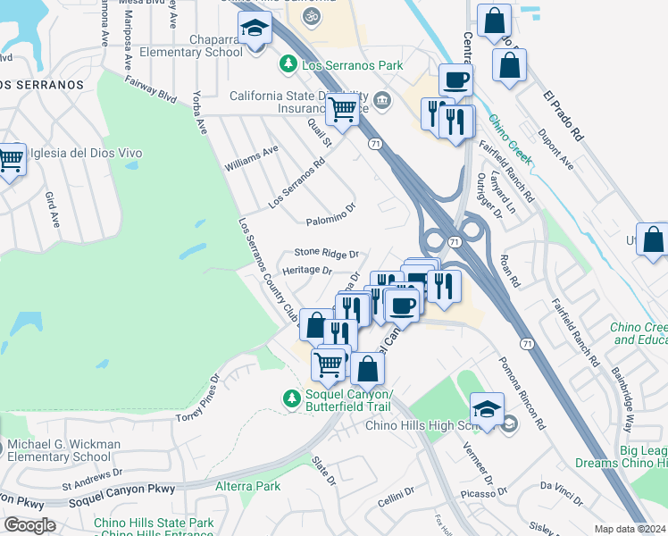 map of restaurants, bars, coffee shops, grocery stores, and more near 5004 Heritage Drive in Chino Hills