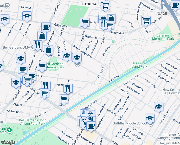 map of restaurants, bars, coffee shops, grocery stores, and more near 6850 Suva Street in Bell Gardens