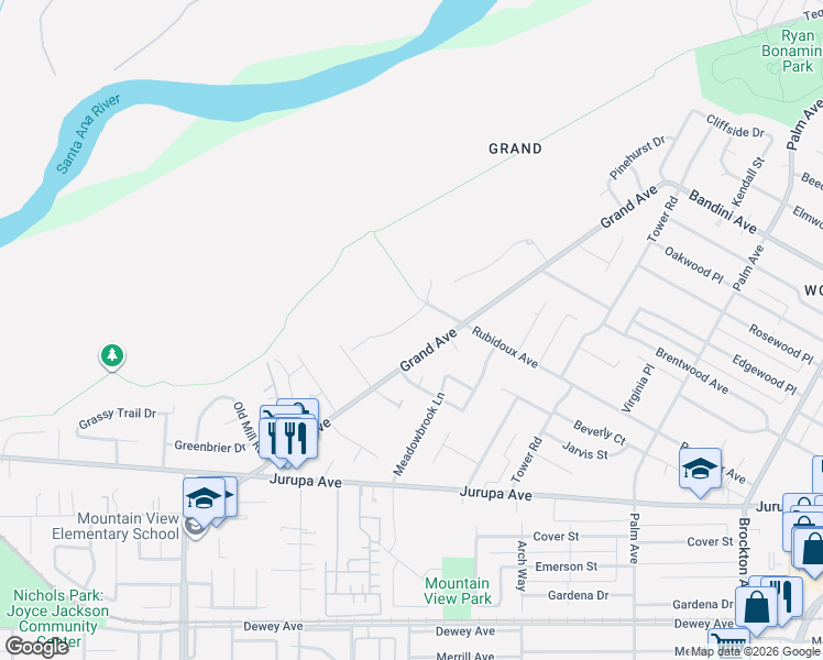 map of restaurants, bars, coffee shops, grocery stores, and more near 5830 Old Ranch Road in Riverside
