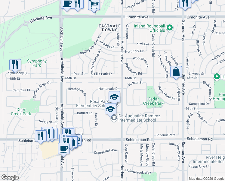 map of restaurants, bars, coffee shops, grocery stores, and more near 6736 Annebury Drive in Corona