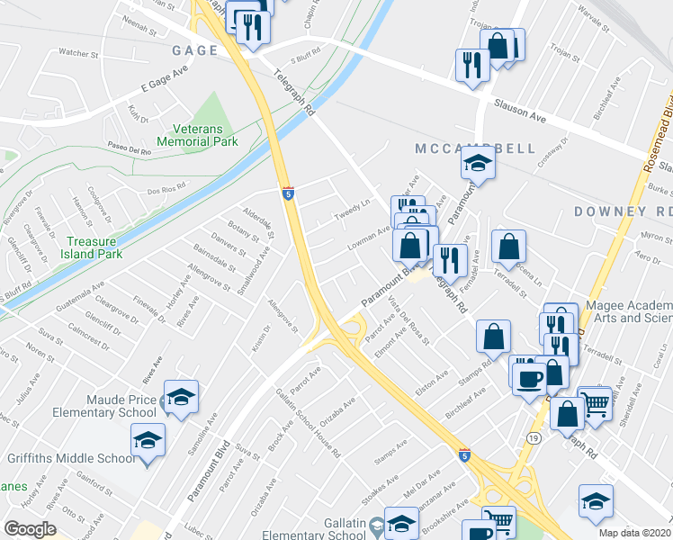 map of restaurants, bars, coffee shops, grocery stores, and more near 8713 Samoline Avenue in Downey
