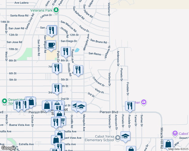 map of restaurants, bars, coffee shops, grocery stores, and more near 66805 4th Street in Desert Hot Springs