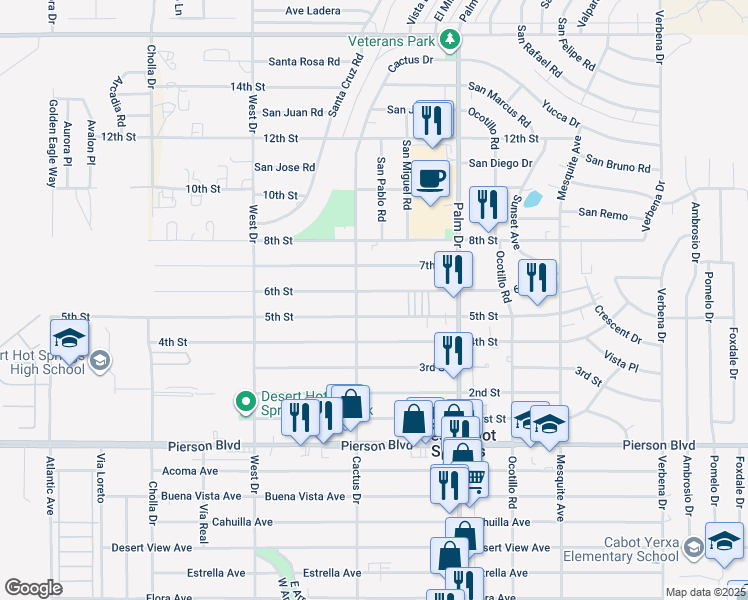 map of restaurants, bars, coffee shops, grocery stores, and more near 66289 5th Street in Desert Hot Springs