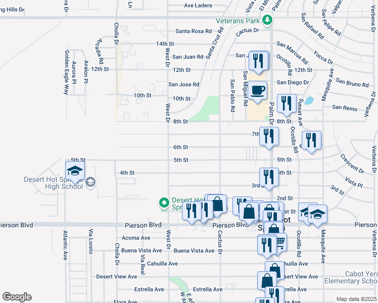 map of restaurants, bars, coffee shops, grocery stores, and more near 66126 5th Street in Desert Hot Springs