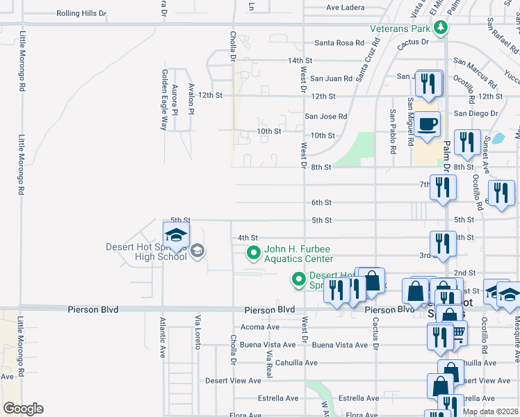 map of restaurants, bars, coffee shops, grocery stores, and more near 65867 5th Street in Desert Hot Springs