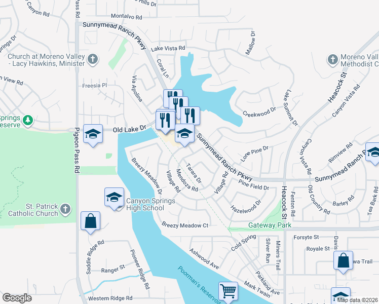 map of restaurants, bars, coffee shops, grocery stores, and more near 10582 Mendoza Road in Moreno Valley