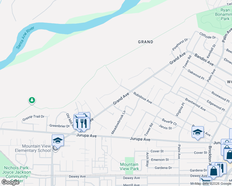 map of restaurants, bars, coffee shops, grocery stores, and more near 5841 Grand Avenue in Riverside